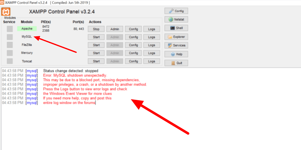 mysql error sutdown